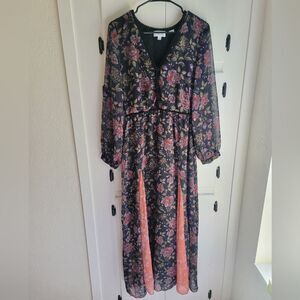 Anthropologie LAIA Ines Maxi Dress Black Floral Pleated Flare Sheath Small